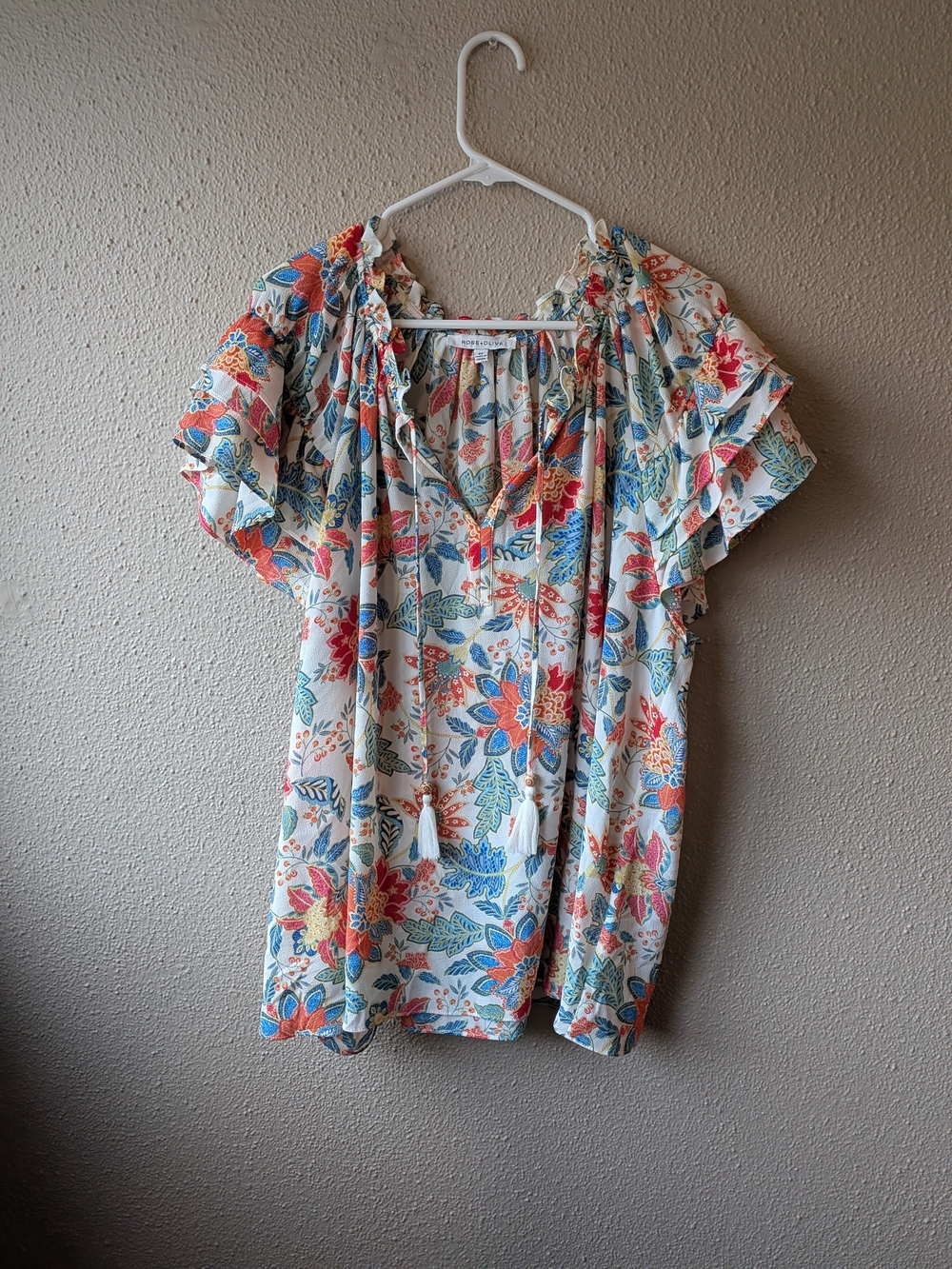 Rose & Olive Floral Tie-Neck Ruffle Sleeve Blouse in Cream, Blue & Coral